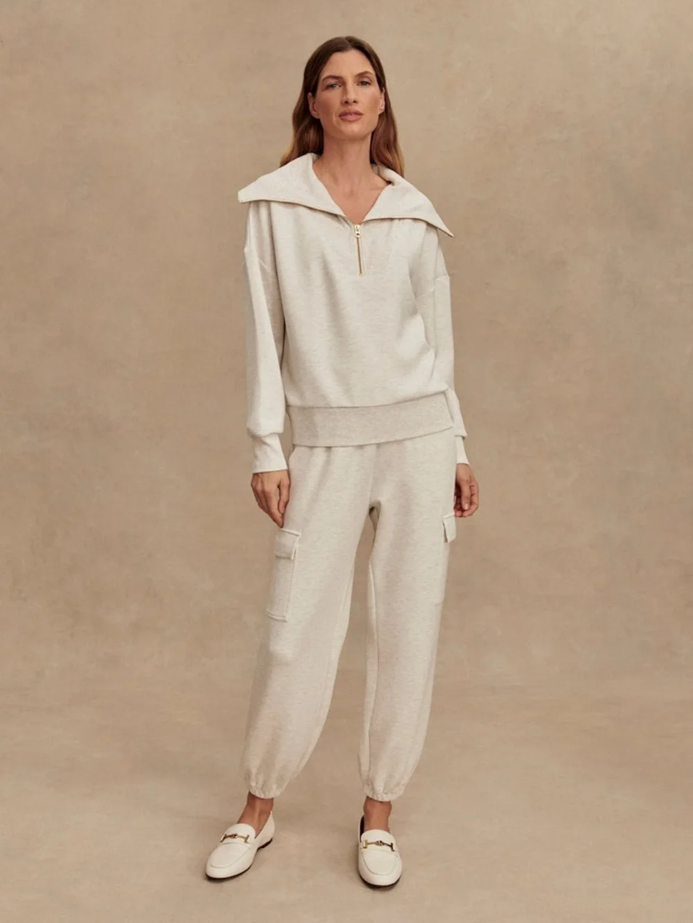 Varley Catherine Half-Zip Sweat & The Cargo Pant Set in Ivory Marl - Picture 1 of 12